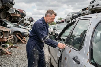 Technicien automobile inspectant une pièce de carrosserie dans une casse auto à Plan de Campagne