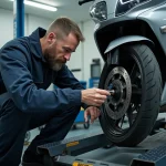 Technicien effectuant un contrôle technique sur une moto dans un centre de contrôle agréé