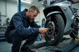 Technicien effectuant un contrôle technique sur une moto dans un centre de contrôle agréé