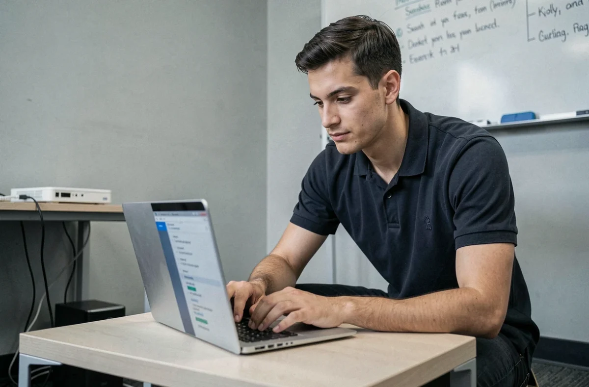 Technicien informatique résolvant un problème de connexion réseau sur un ordinateur portable