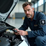 Technicien Renault inspectant les injecteurs de carburant d'une Clio 5 avec un scanner de diagnostic dans un atelier automobile