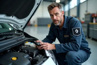 Technicien Renault inspectant les injecteurs de carburant d'une Clio 5 avec un scanner de diagnostic dans un atelier automobile