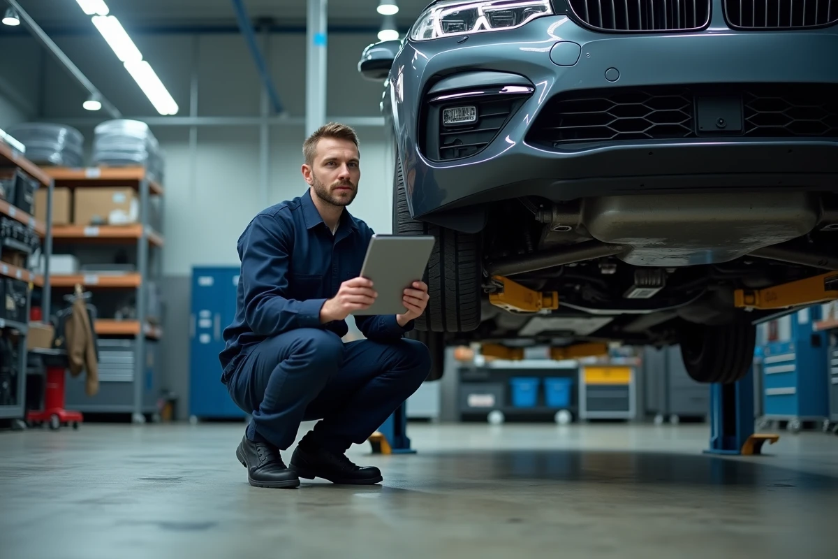 Technicien inspectant le dessous d'un véhicule BMW équipé du moteur B47 en atelier