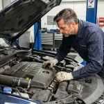 Technicien automobile inspectant le moteur 2.0 BiTDI 240 dans un atelier professionnel pour améliorer sa fiabilité