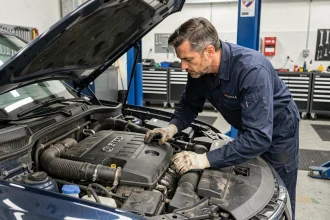 Technicien automobile inspectant le moteur 2.0 BiTDI 240 dans un atelier professionnel pour améliorer sa fiabilité