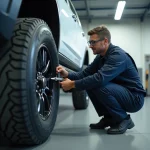 Technicien automobile mesurant le dépassement de jante large sur un SUV surélevé dans un garage de contrôle technique
