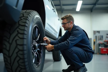 Technicien automobile mesurant le dépassement de jante large sur un SUV surélevé dans un garage de contrôle technique