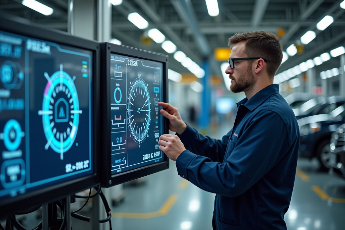 Ingénieur ajustant une machine dans une usine automobile moderne