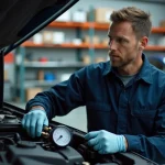 Technicien automobile connectant un manomètre de pression carburant sur le rail d'injection d'un moteur Peugeot dans un garage professionnel