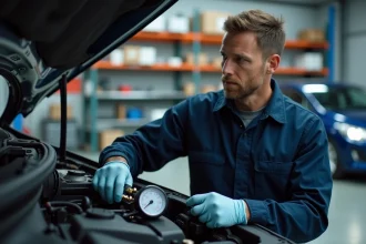 Technicien automobile connectant un manomètre de pression carburant sur le rail d'injection d'un moteur Peugeot dans un garage professionnel