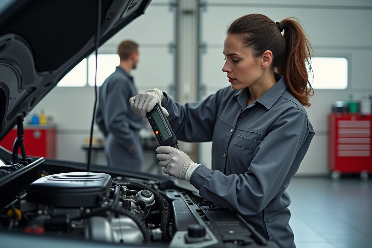Technicienne automobile utilisant une clé dynamométrique numérique haut de gamme sur un moteur dans un atelier de concession professionnel moderne