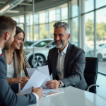 Vendeur automobile souriant en costume dans un showroom