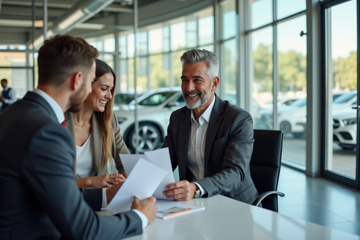 Vendeur automobile souriant en costume dans un showroom