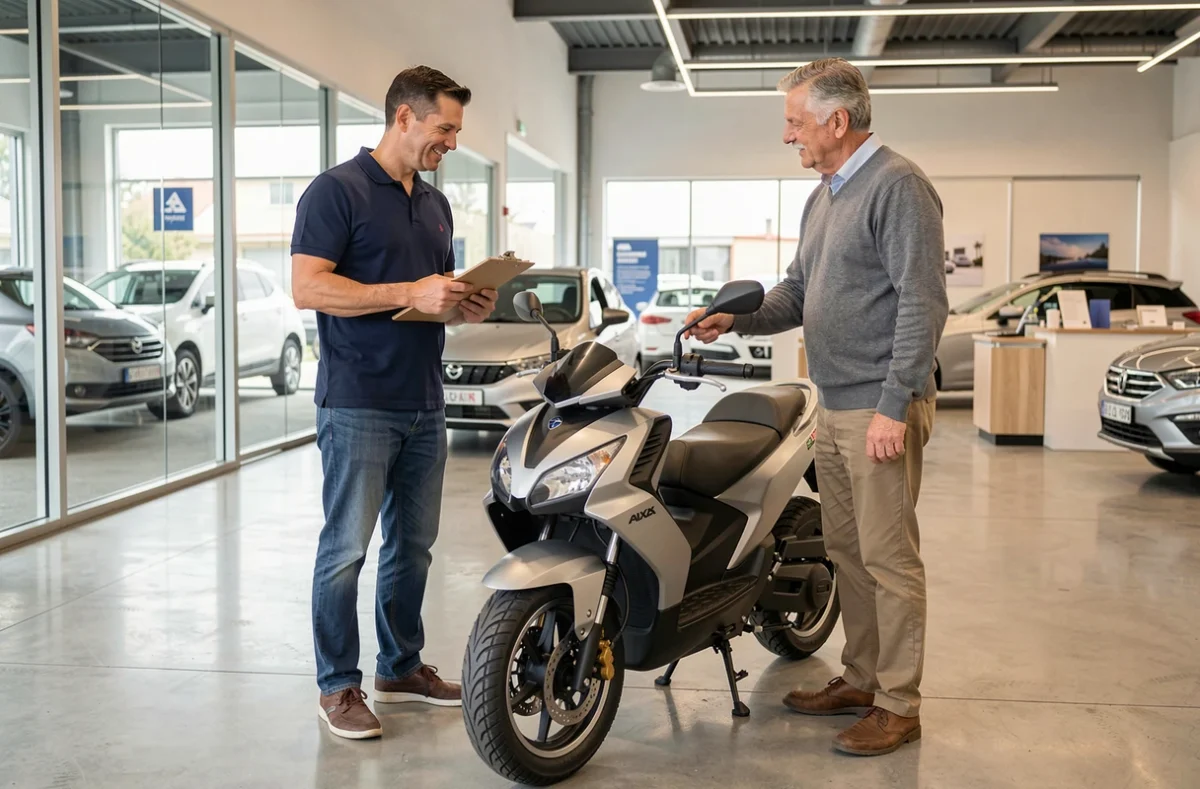 Vendeur et client discutant d'une voiture sans permis dans une concession à Metz