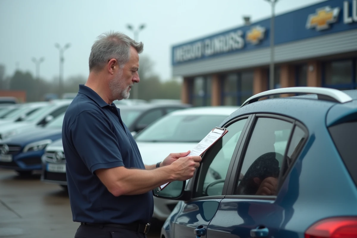 Vendeur automobile examinant un rapport de contrôle technique d'un véhicule diesel avec suppression FAP avant revente