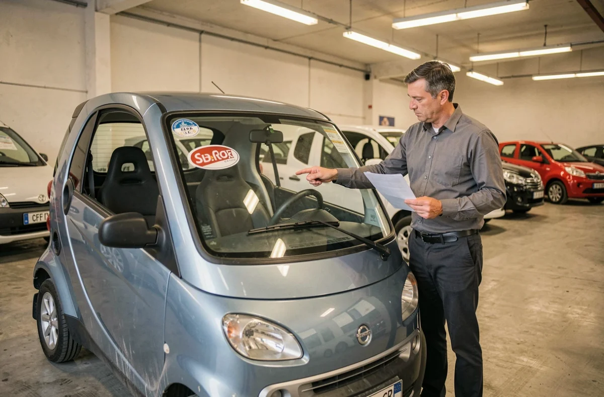 Vendeur présentant une voiture sans permis d'occasion dans une concession en Isère