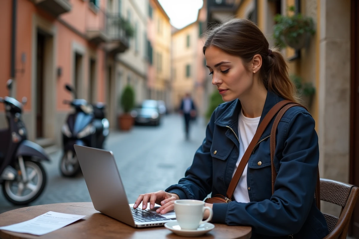 Femme vérifiant l'authenticité d'une amende italienne suspecte sur un site officiel depuis un café en Italie
