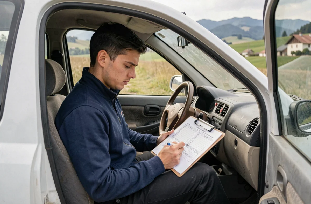 Jeune homme vérifiant le carnet d'entretien d'une voiture sans permis d'occasion en Isère