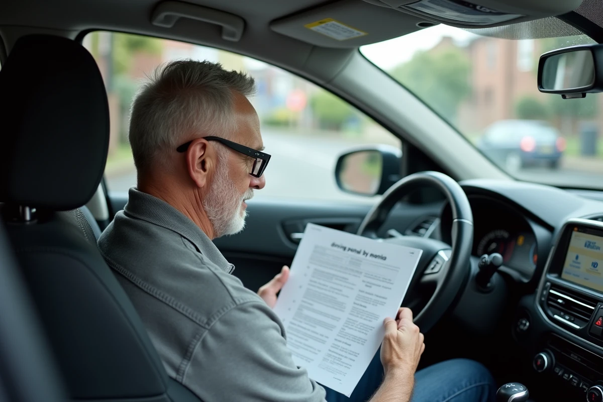 Conducteur senior vérifiant son solde de points de permis sur tablette depuis l'intérieur de son véhicule