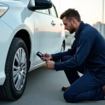 Technicien automobile vérifiant la pression des pneus d'une Toyota Yaris Hybride avec un manomètre numérique