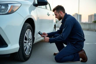 Technicien automobile vérifiant la pression des pneus d'une Toyota Yaris Hybride avec un manomètre numérique