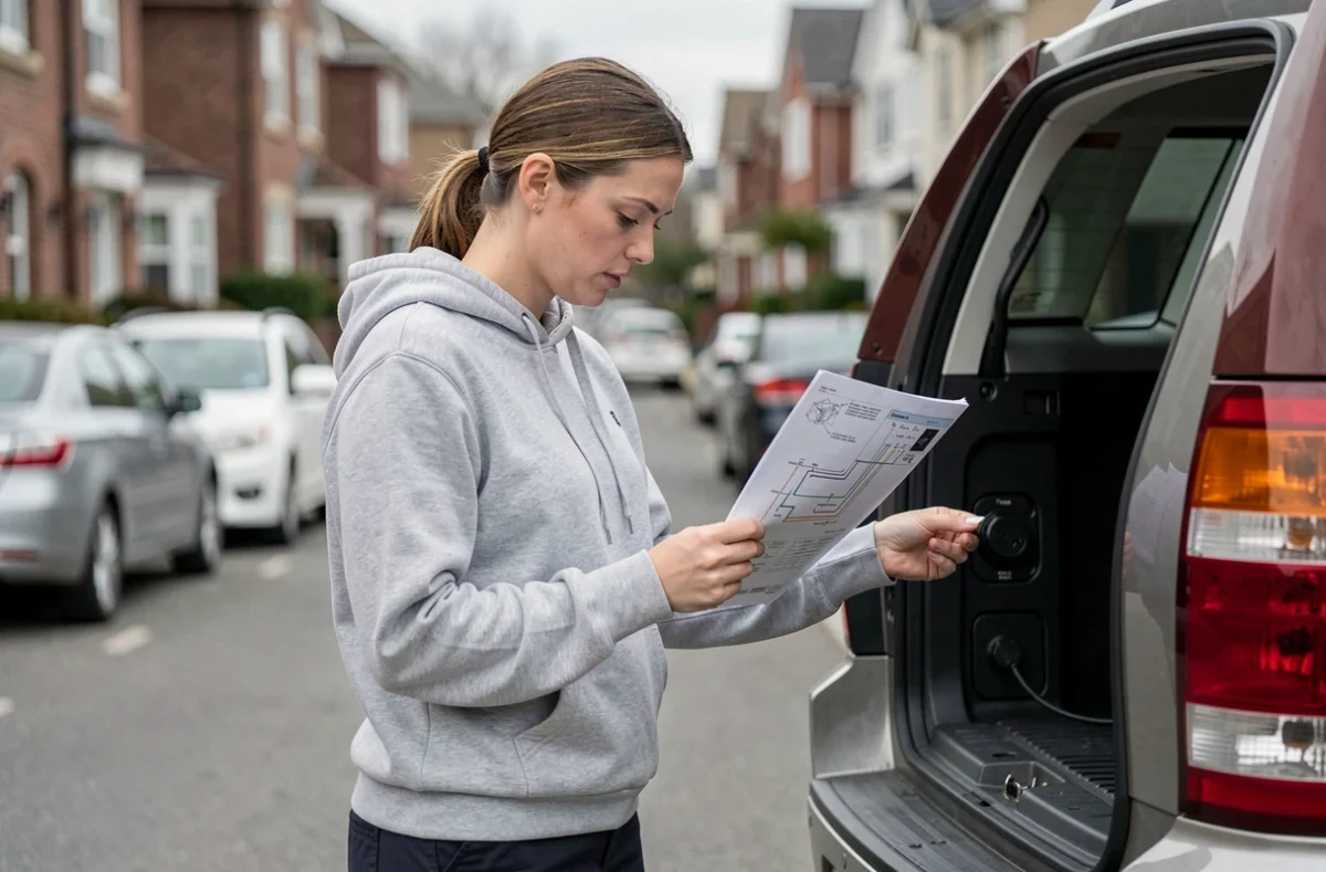 Femme consultant un schéma de branchement prise remorque à l'arrière d'un SUV dans une rue résidentielle