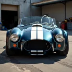 Réplique de Shelby Cobra bleue métallique photographiée de 3/4 avant dans un garage industriel, idéale pour illustrer les annonces de vente de voiture Cobra