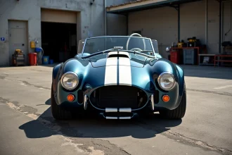 Réplique de Shelby Cobra bleue métallique photographiée de 3/4 avant dans un garage industriel, idéale pour illustrer les annonces de vente de voiture Cobra