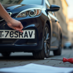 Voiture française en stationnement avec mains retirant la plaque