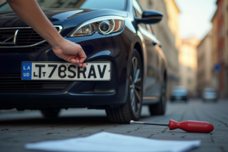 Voiture française en stationnement avec mains retirant la plaque