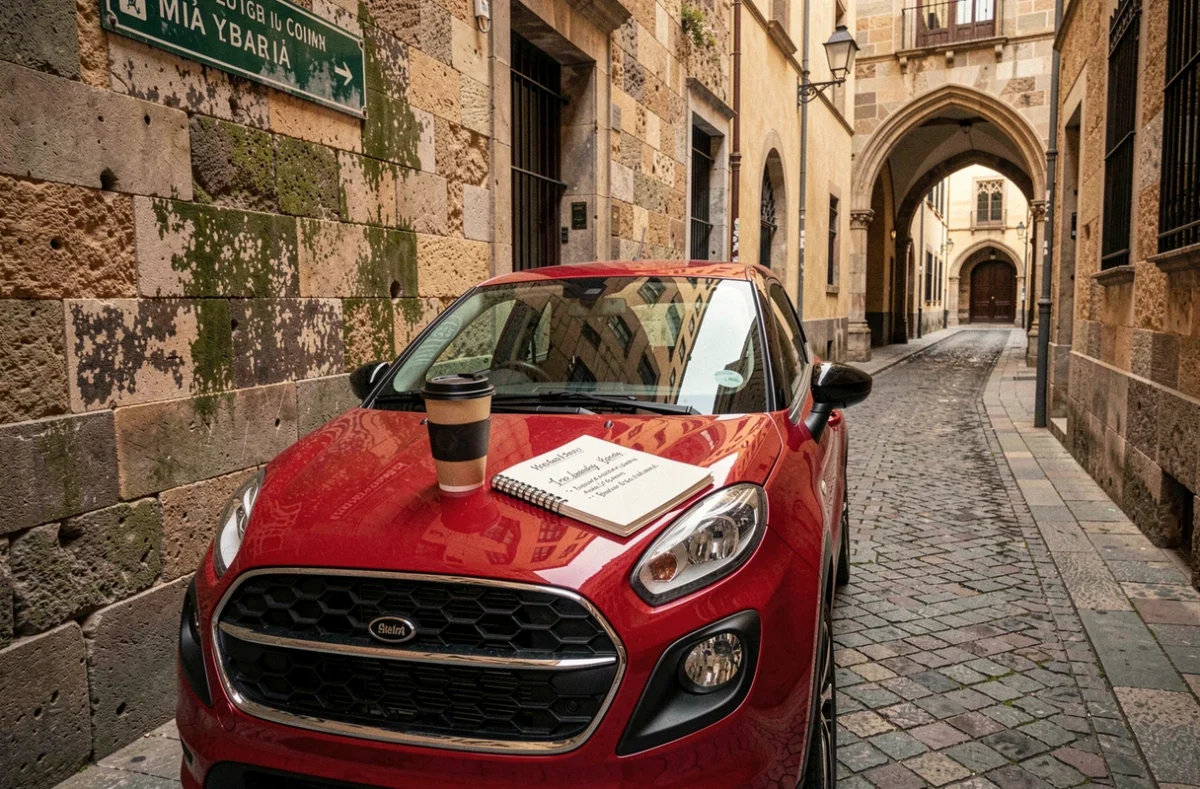 Petite voiture garée dans une ruelle pavée du quartier gothique de Barcelone avec carnet d'itinéraire pour un week-end économique
