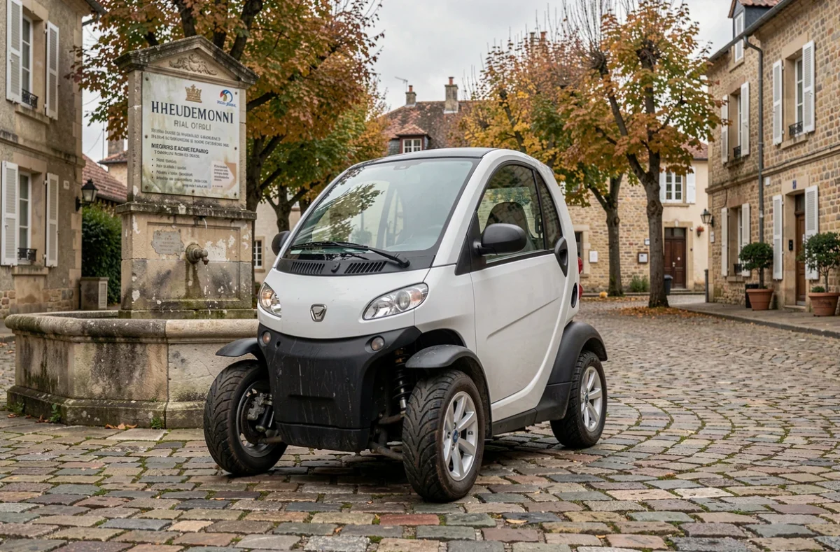Voiture sans permis électrique garée sur une place de village en France, vue extérieure illustrant la taille et l'usage urbain des VSP