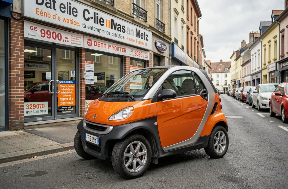Voiture sans permis d'occasion exposée devant un concessionnaire à Metz