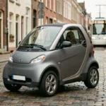 Voiture sans permis d'occasion de couleur grise garée sur un pavé dans une rue de Tourcoing