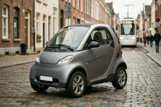 Voiture sans permis d'occasion de couleur grise garée sur un pavé dans une rue de Tourcoing
