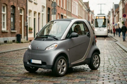 Voiture sans permis d'occasion de couleur grise garée sur un pavé dans une rue de Tourcoing