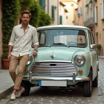 Homme élégant avec Mini Moke dans un village européen