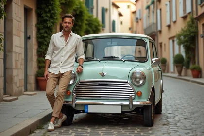 Homme élégant avec Mini Moke dans un village européen