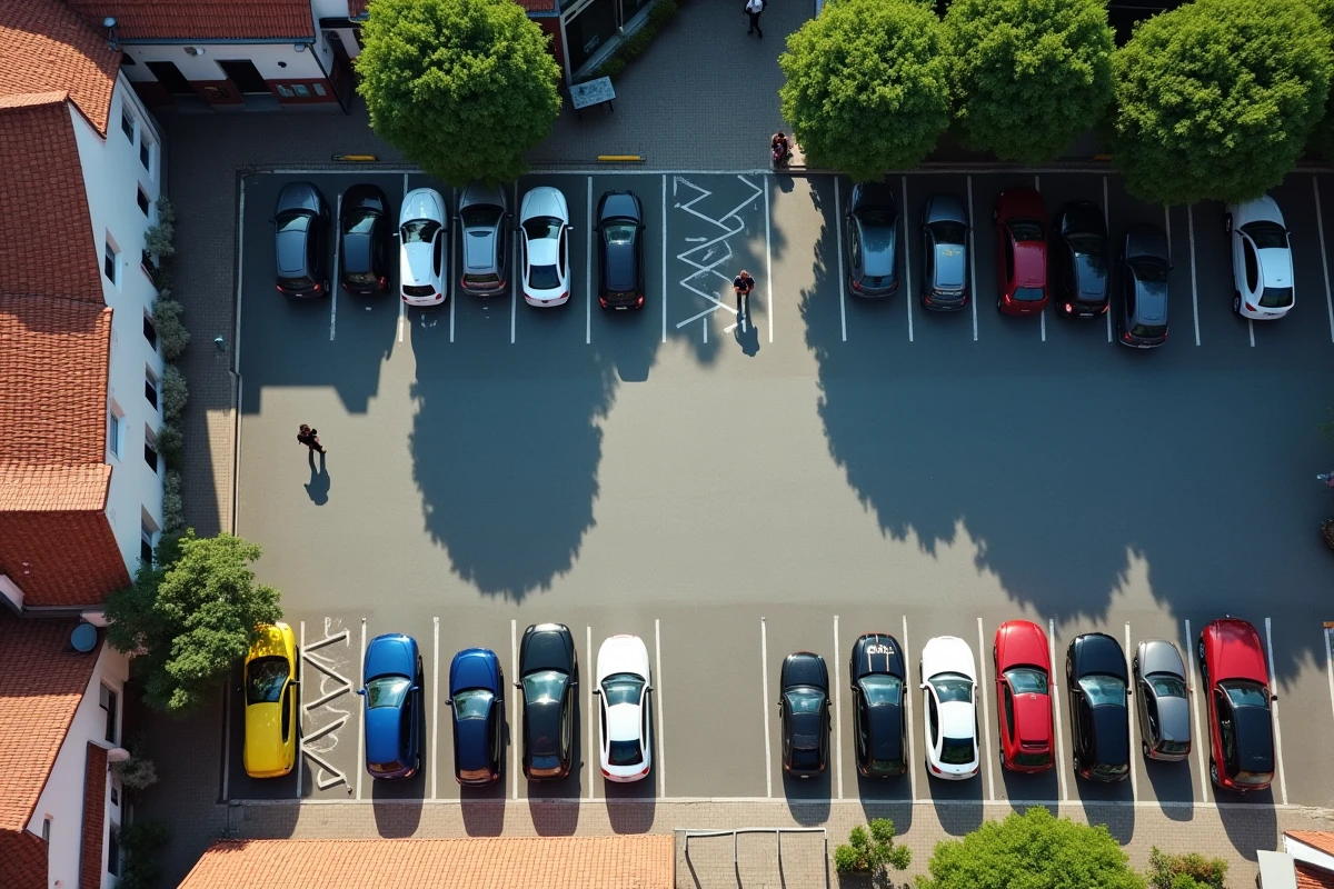 Vue aérienne d'un parking public en plein air proche du centre-ville de Colmar avec des voitures garées en rangées
