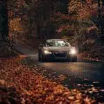 black vehicle on road between trees during daytime
